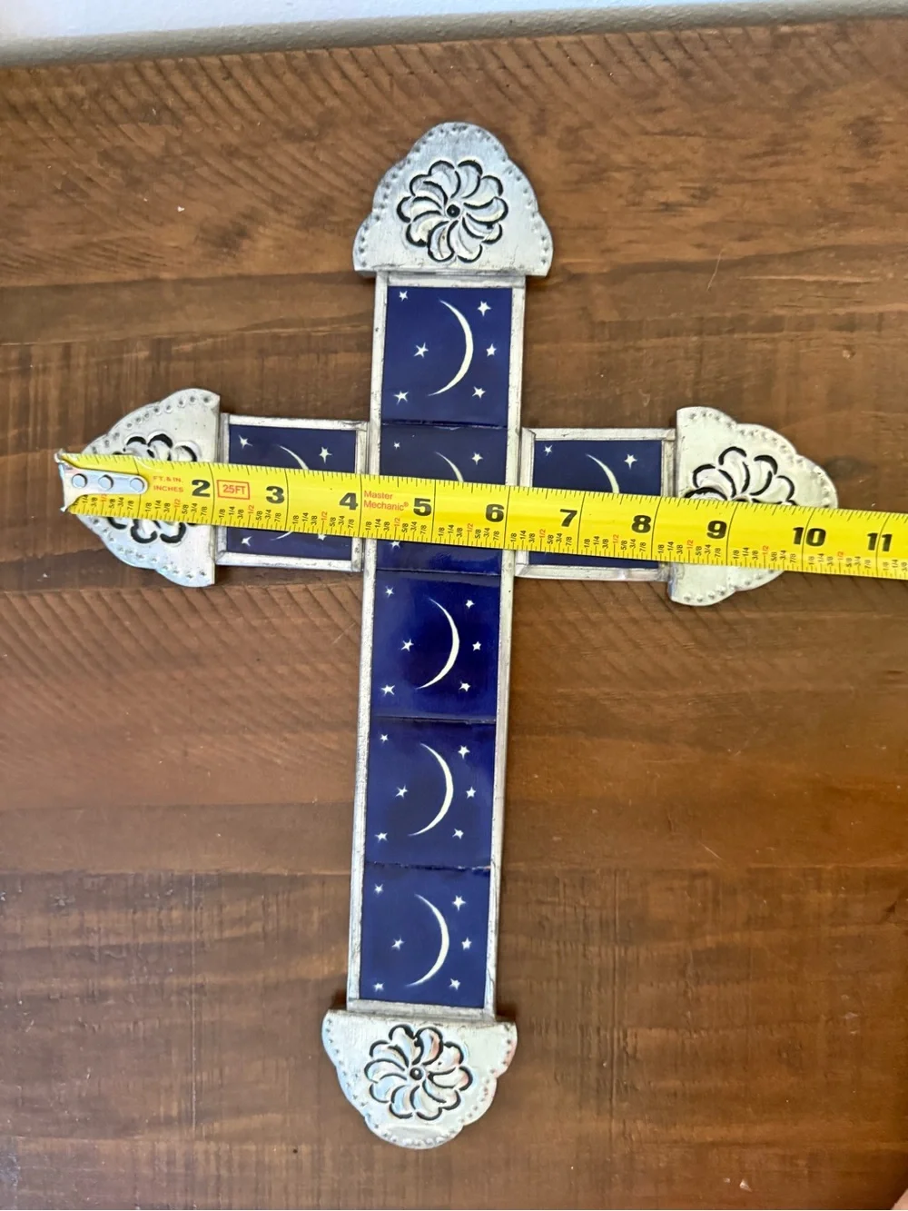 Talavera Style Metal & Blue Ceramic Tile Wall Cross 14” Moon Stars